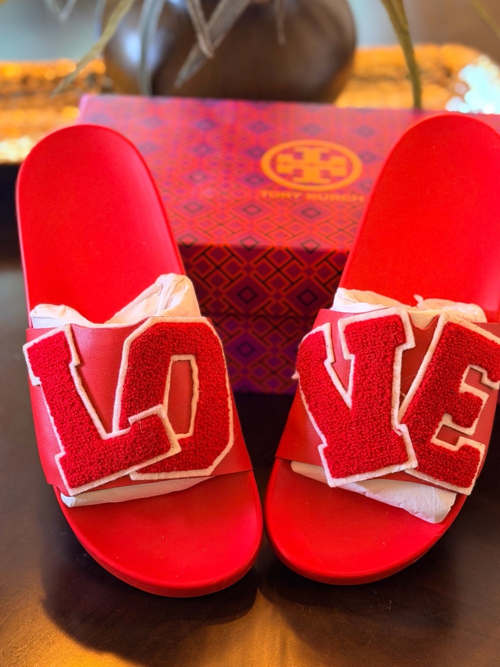 Tory Burch Red 'LOVE' Slide Sandals with Chenille Appliqué
